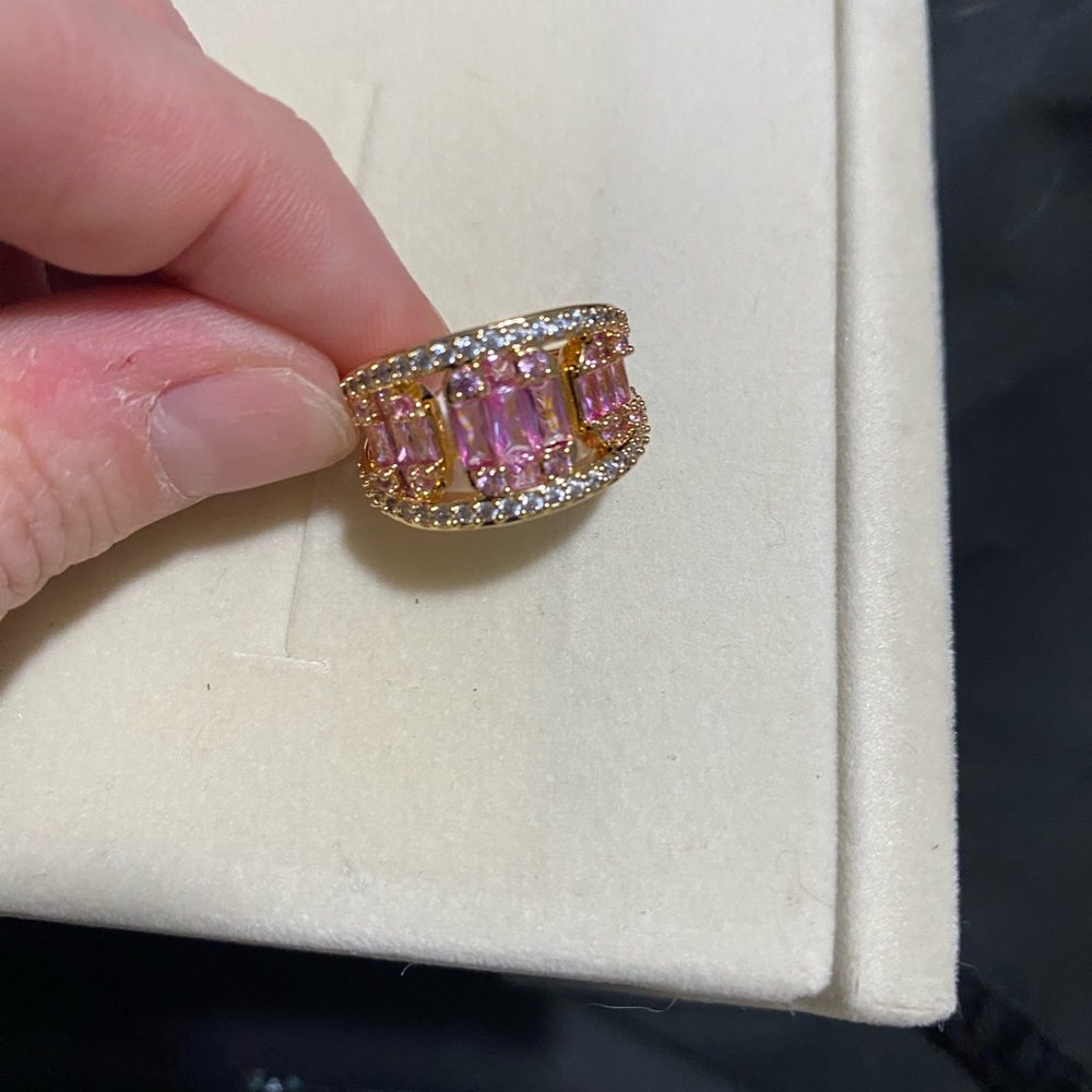 Gold Pink Crystal Baguette Band Ring - Women's Fashion Jewelry